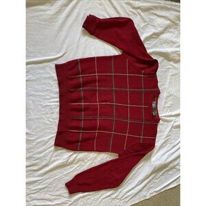 Oscar De La Renta Red Plaid Sweater L 100% Cotton Mens Crew Neck Long Sleeve